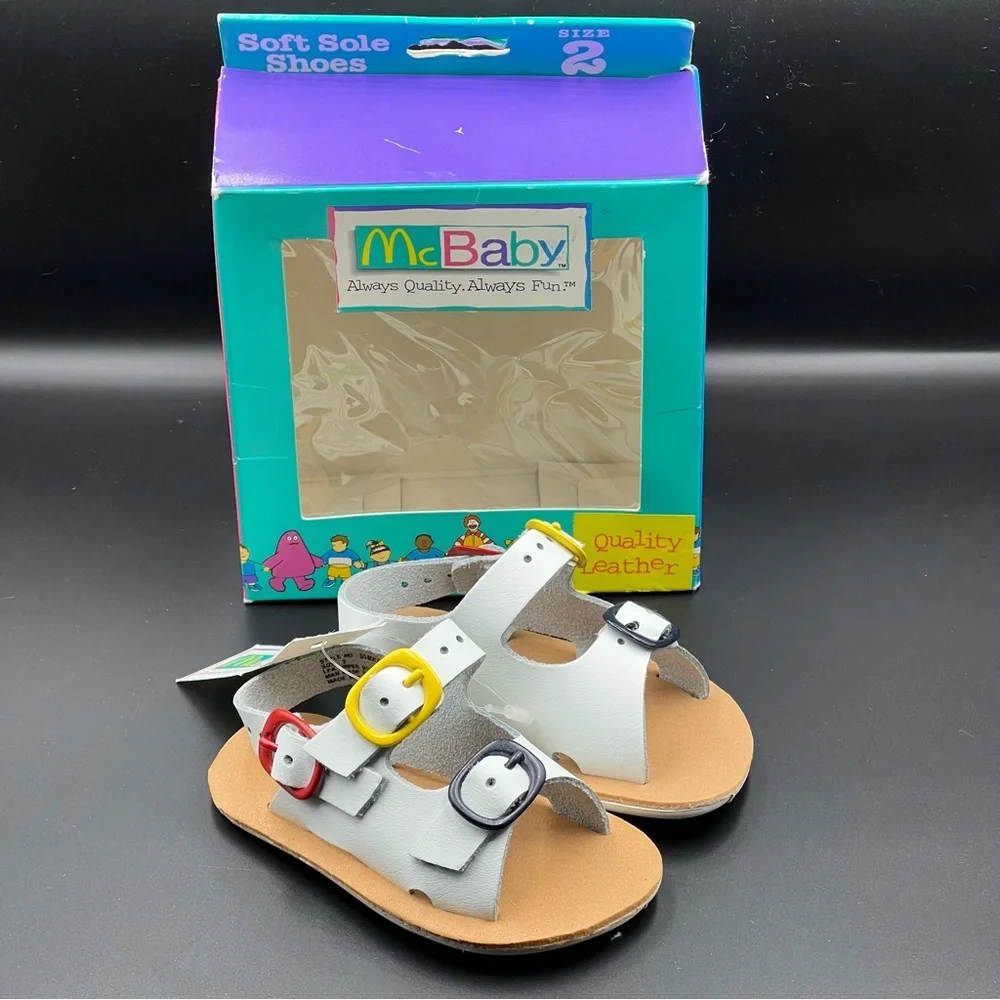 McDonald’s McBaby white leather crib sandals colorful buckles Sz.2 VTG NWT
